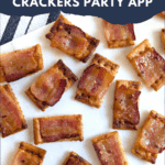 Several baked candied bacon crackers arranged on a white marble board. The bacon has a rich, glossy glaze. The text overlay reads: "easy & delicious CANDIED BACON CRACKERS PARTY APP."
