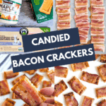 A collage of four images showing the ingredients (Club crackers, bacon, maple syrup), the assembly process on a baking sheet, and the finished appetizers. The text overlay reads: "CANDIED BACON CRACKERS."