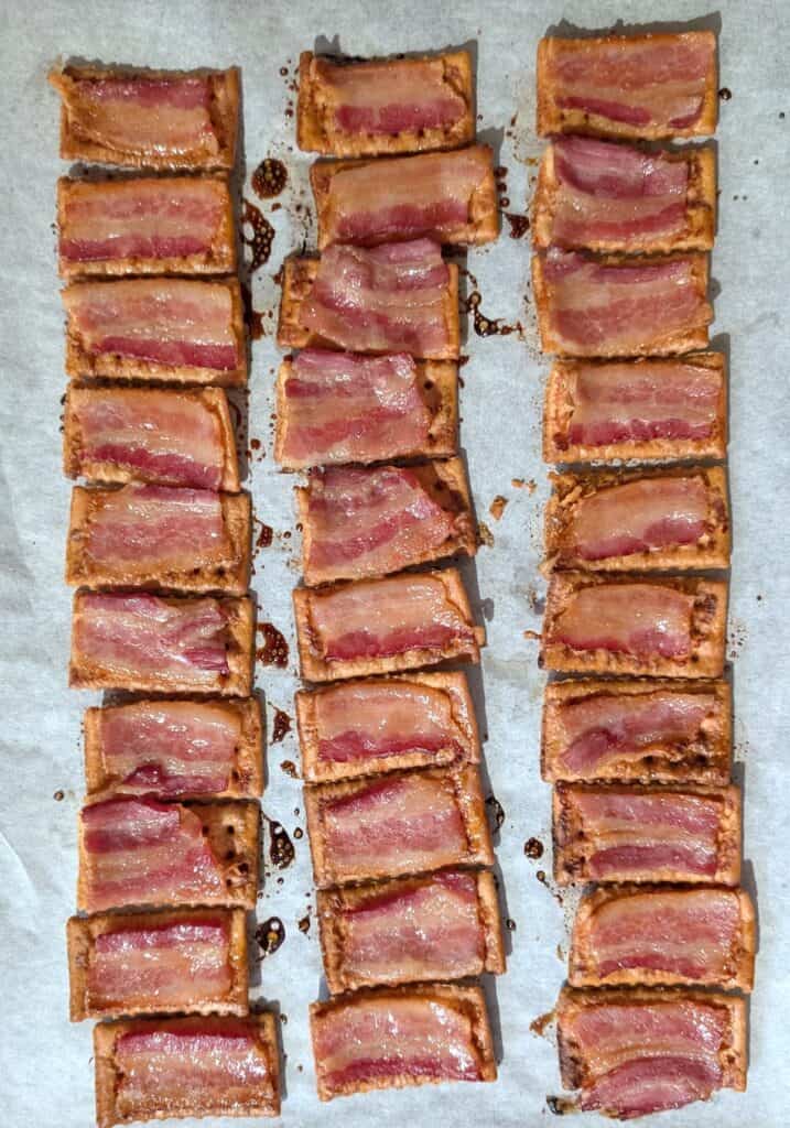 Overhead shot of Candied Bacon Crackers after coming out of the oven.