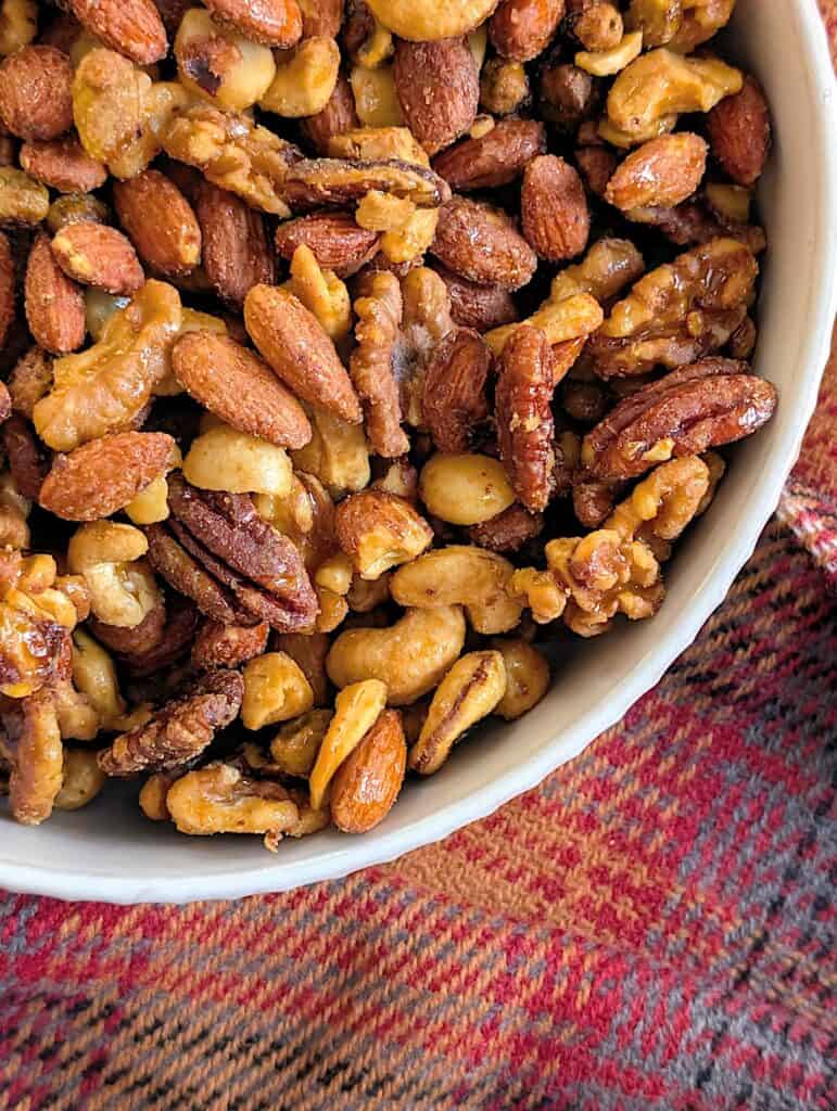 Candied Sweet and Spicy Nuts shot of 3/4 of bowl of nuts