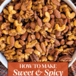 Close-up view of a white bowl overflowing with homemade Sweet & Spicy Candied Nuts with Maple Syrup, showing the caramelized glaze on a mixture of pecans, walnuts, cashews, and almonds.