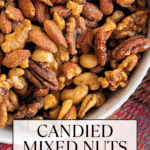 Close-up of a white bowl overflowing with Candied Mixed Nuts, including pecans, almonds, walnuts, and cashews, coated in a sweet and spicy glaze. The text overlay reads "CANDIED MIXED NUTS {EASY CHRISTMAS PARTY RECIPE}".