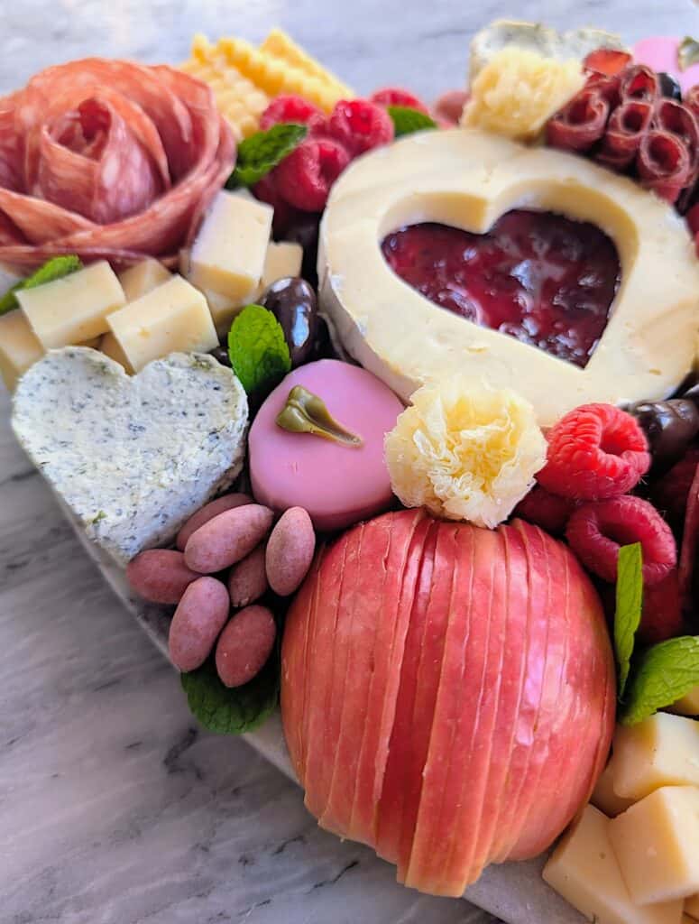 left side angle of completed Valentine Charcuterie board