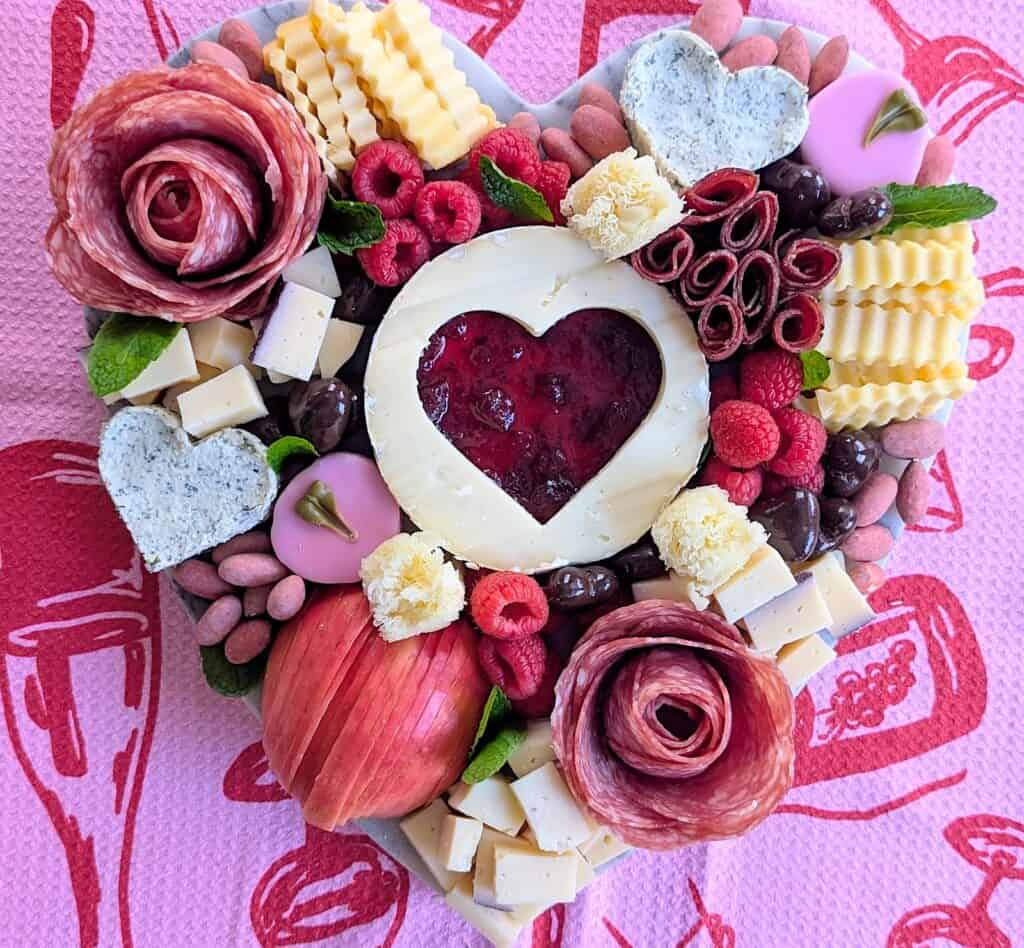 overhead finished shot of the Stunning Valentine&rsquo;s Charcuterie Board