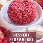 Strawberry dessert cheese ball coated in strawberry crumbs served with apple slices and heart-shaped bread.