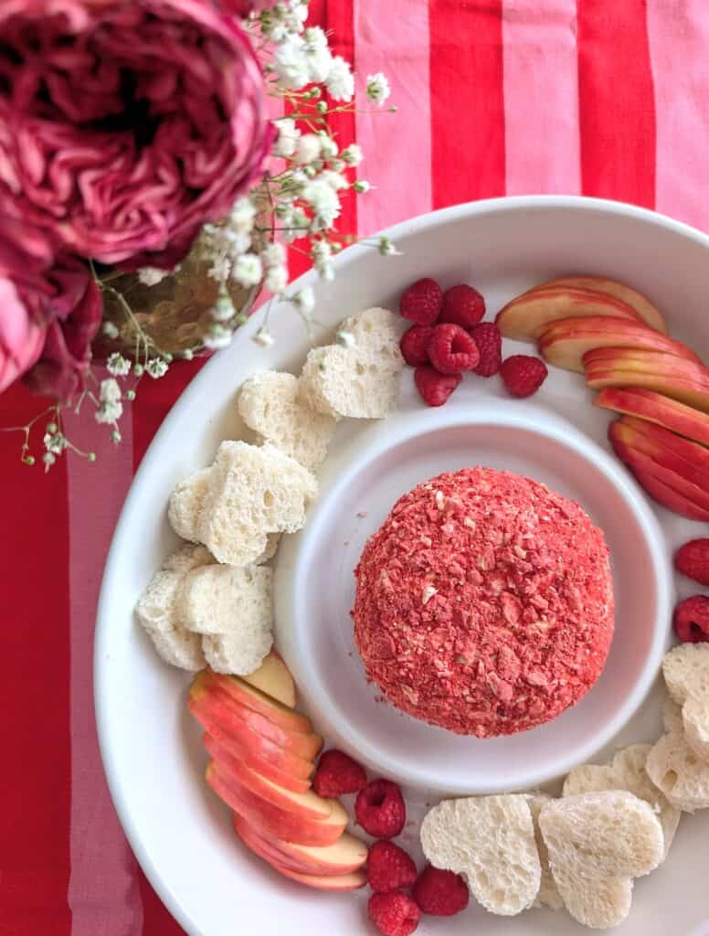 overhead flat lay finished shot of Strawberry Cream Cheese Dessert Cheese Ball