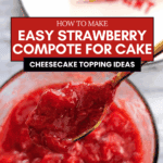 Spoon lifting thick strawberry compote from bowl with text overlay about cheesecake topping ideas.
