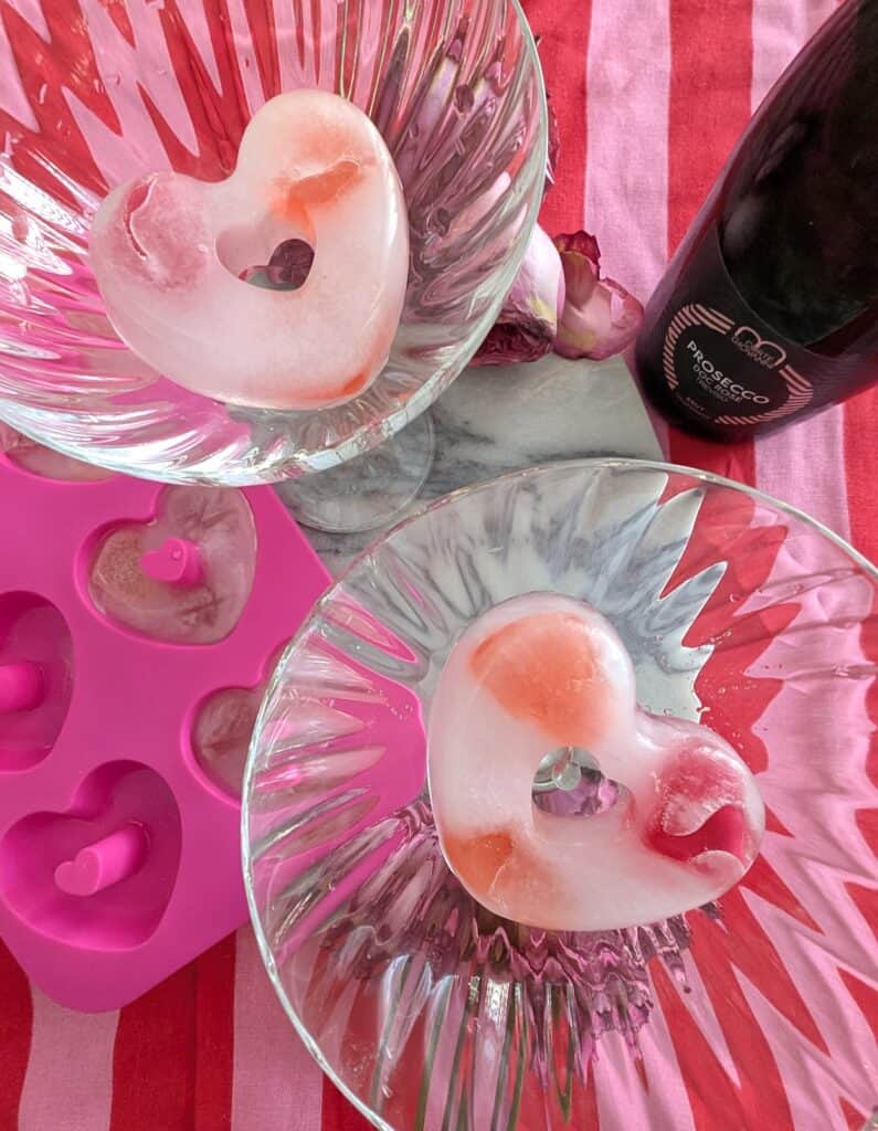 overhead shot of Heart Shaped Fancy Ice Cubes in coupe glasses