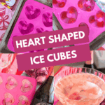 Collage showing heart-shaped ice cube molds, prosecco bottle, and sparkling drinks with heart ice cubes.