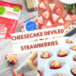 Collage showing ingredients, piping cream cheese frosting onto strawberries, and finished deviled strawberries.