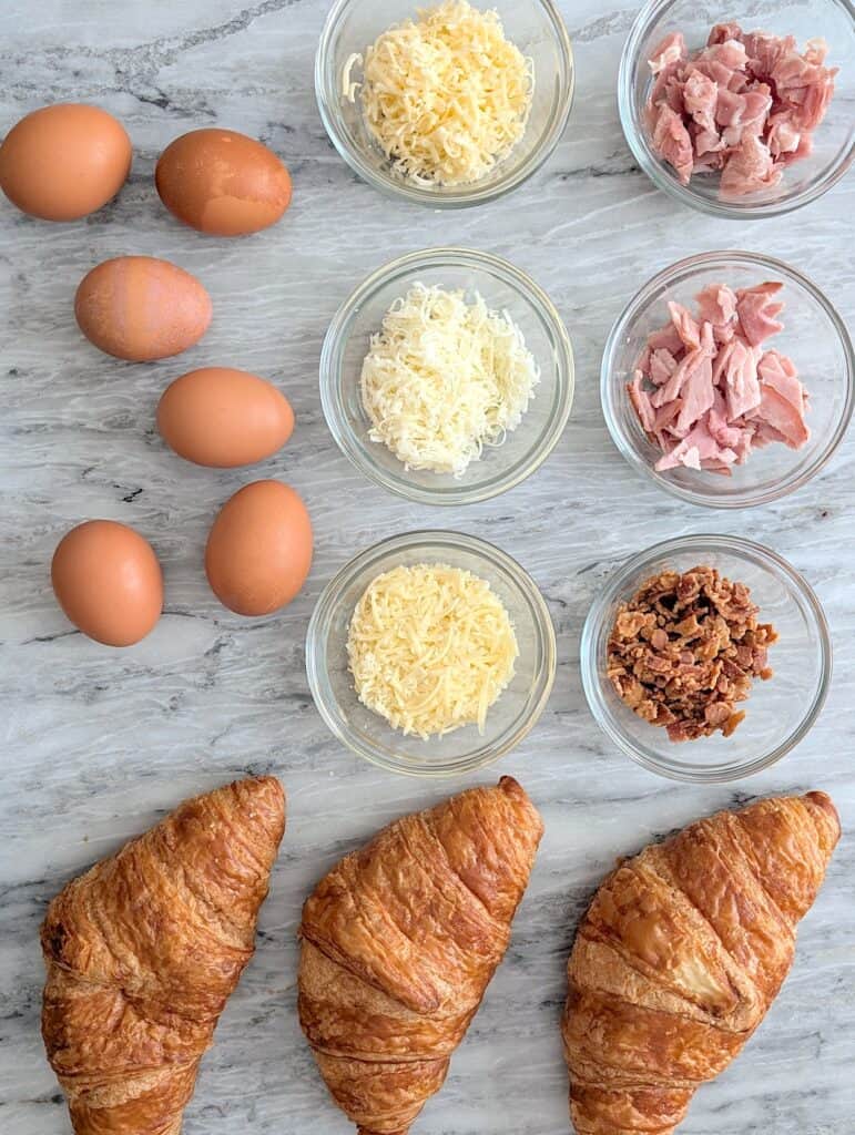 ingredients for Breakfast Croissant Egg Cups Three Ways (Eggs Napoleon)