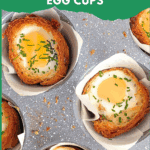 Pinterest pin with text “easy & delicious Breakfast Croissant Egg Cups” featuring baked eggs inside buttery croissants for an easy brunch recipe.