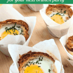 Pinterest pin with text “how to make Croissant Egg Cups for your next brunch party” featuring baked croissant egg cups in muffin liners.